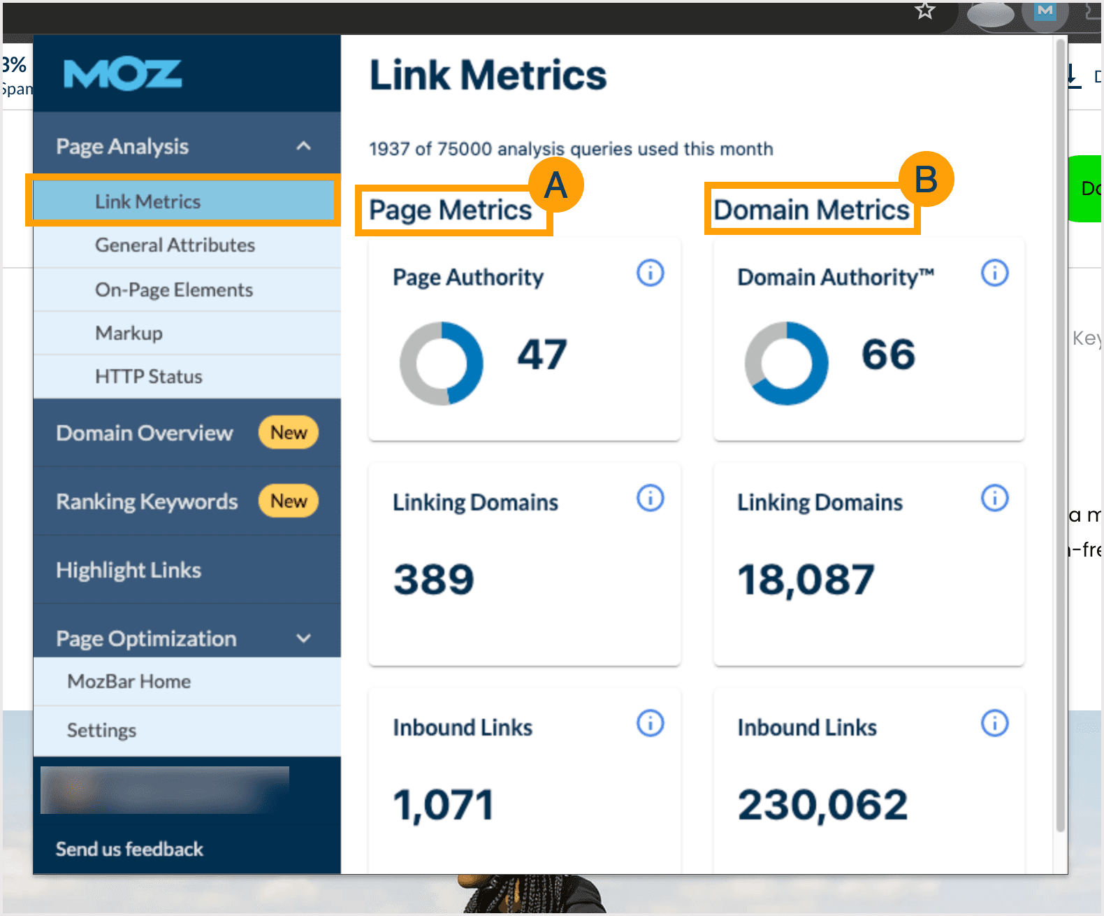 Screenshot of the Link Metrics view in Page Analysis of MozBar.