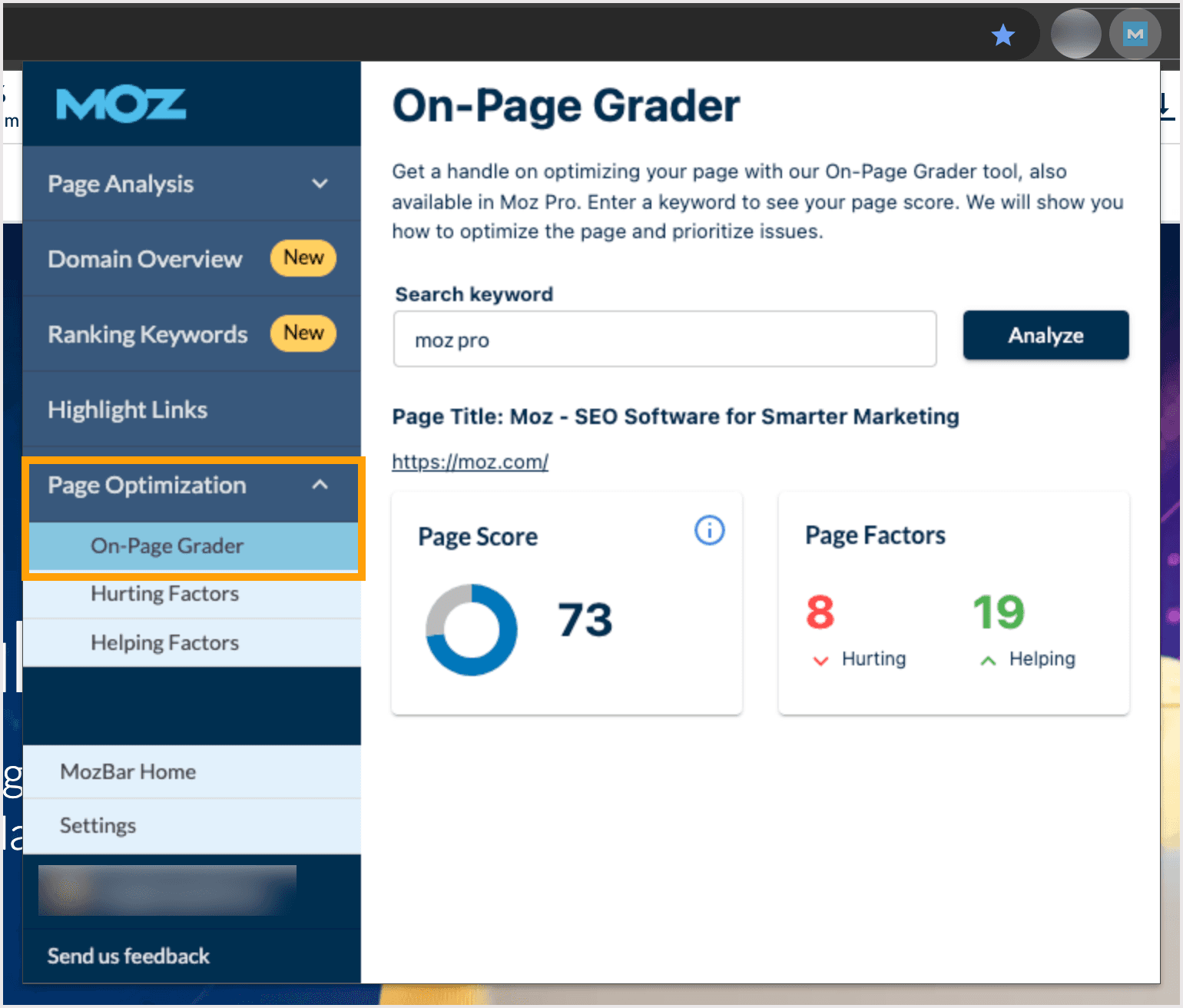 Screenshot of the Page Optimization section of MozBar.
