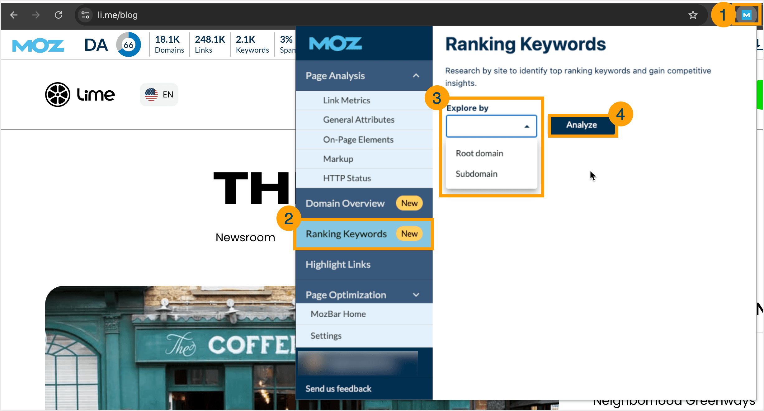 Screenshot of the getting started steps for ranking keywords in MozBar.