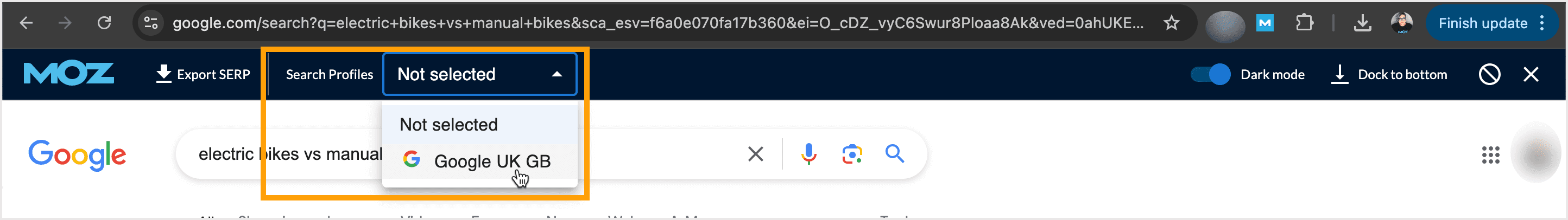 Screenshot of the MozBat with the Search Profile drop-down open.