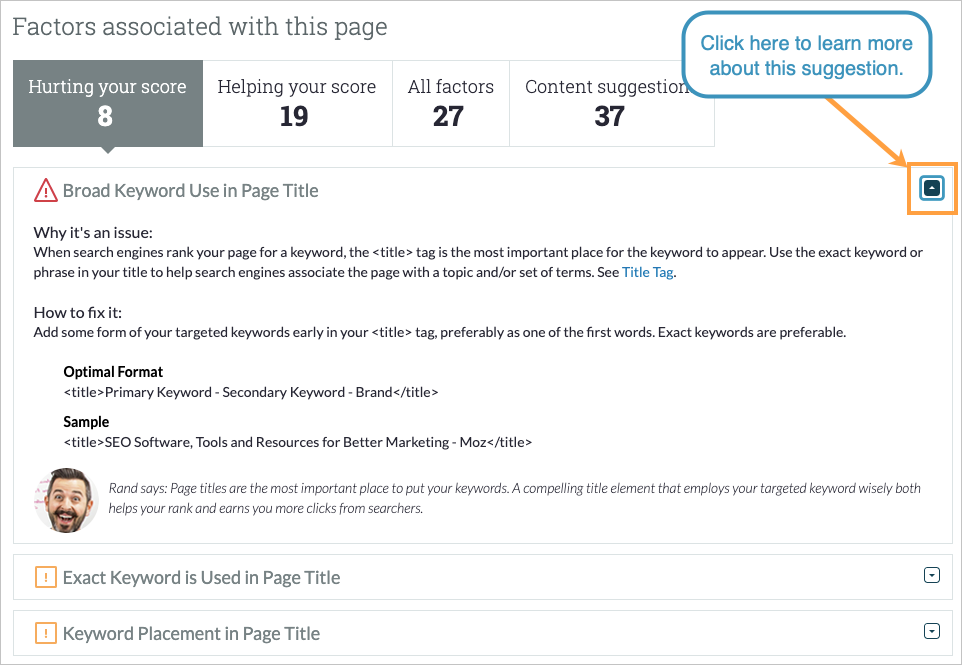 Click the arrow to expand the view and learn more about the recommended fix.