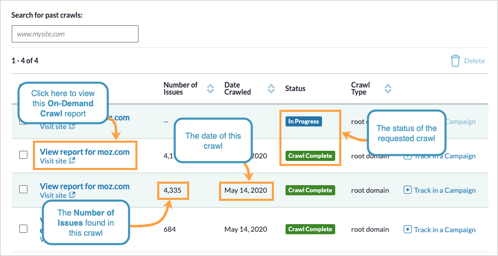 On Demand Crawl main overview page with each crawl listed. Click on the report name to view the report.