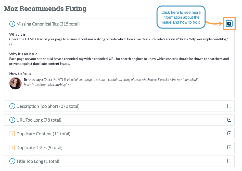 Overview of Moz Recommends Fixing module with arrow clicked to expand the drawer of the top issue.