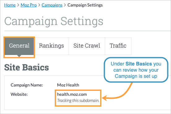 Campaign Settings screen with general tab selected to show site basics and Campaign restrictions.