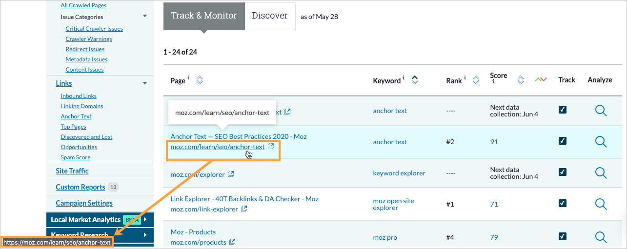 Track and Monitor tab within Page Optimization with mouse hovering over the page URL to see http versus https protocol.