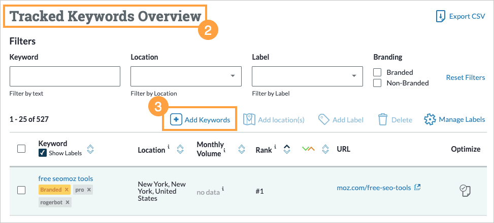 To add labels to keywords as you add them to your Campaign, start by clicking add keywords.