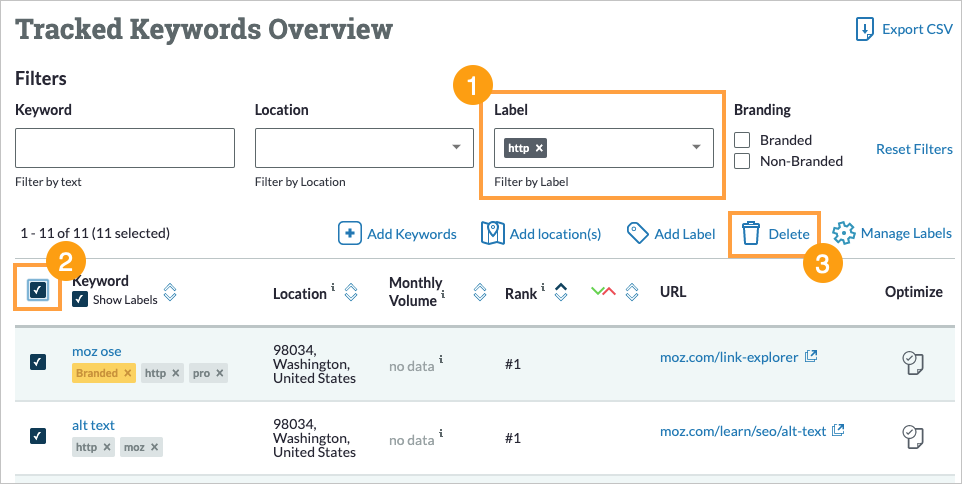 You can also bulk delete by search criteria. In this example we are deleting keywords associated with a specific label.