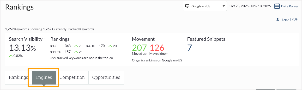 The engines tab will allow you to compare rankings between your tracked search engines.