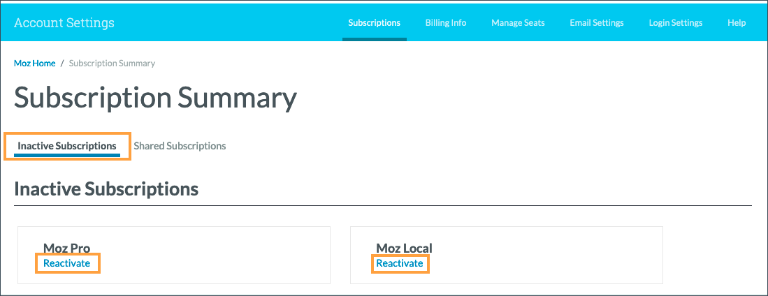 Within the Subscriptions page you can reactive lapsed subscriptions by clicking reactivate.