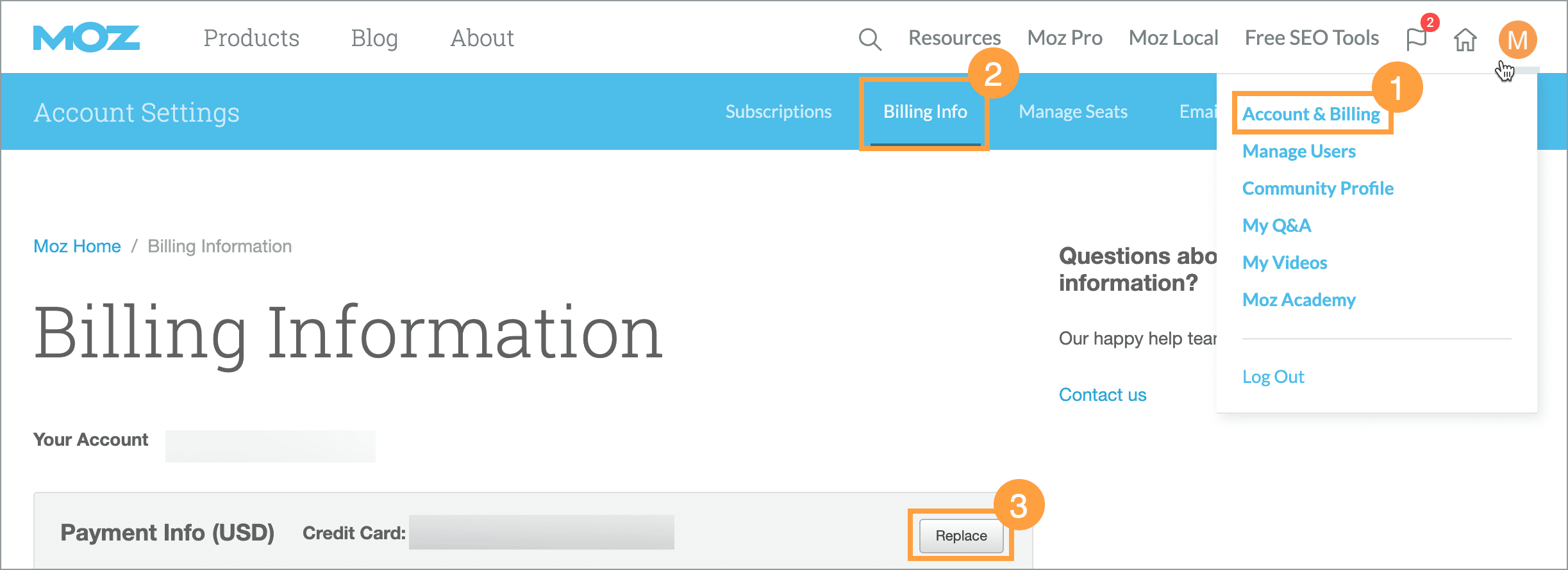 Click replace under billing info to update your billing information.