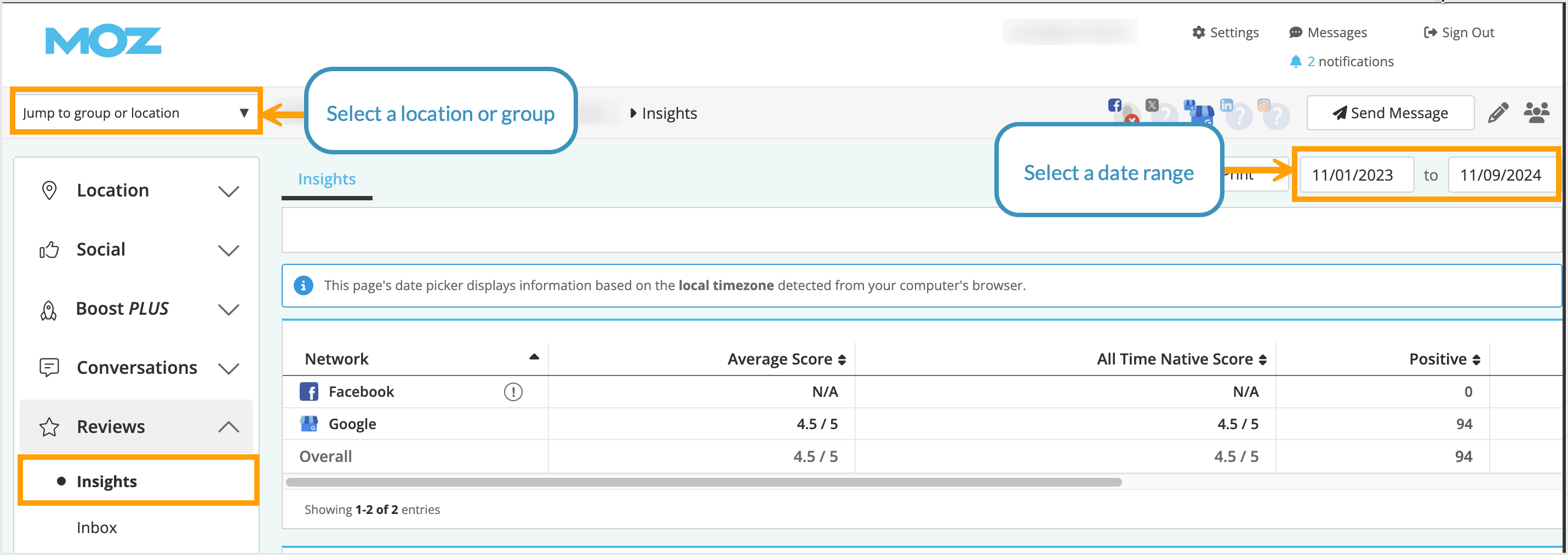 Screenshot showing location of Reviews Insights dashboard.