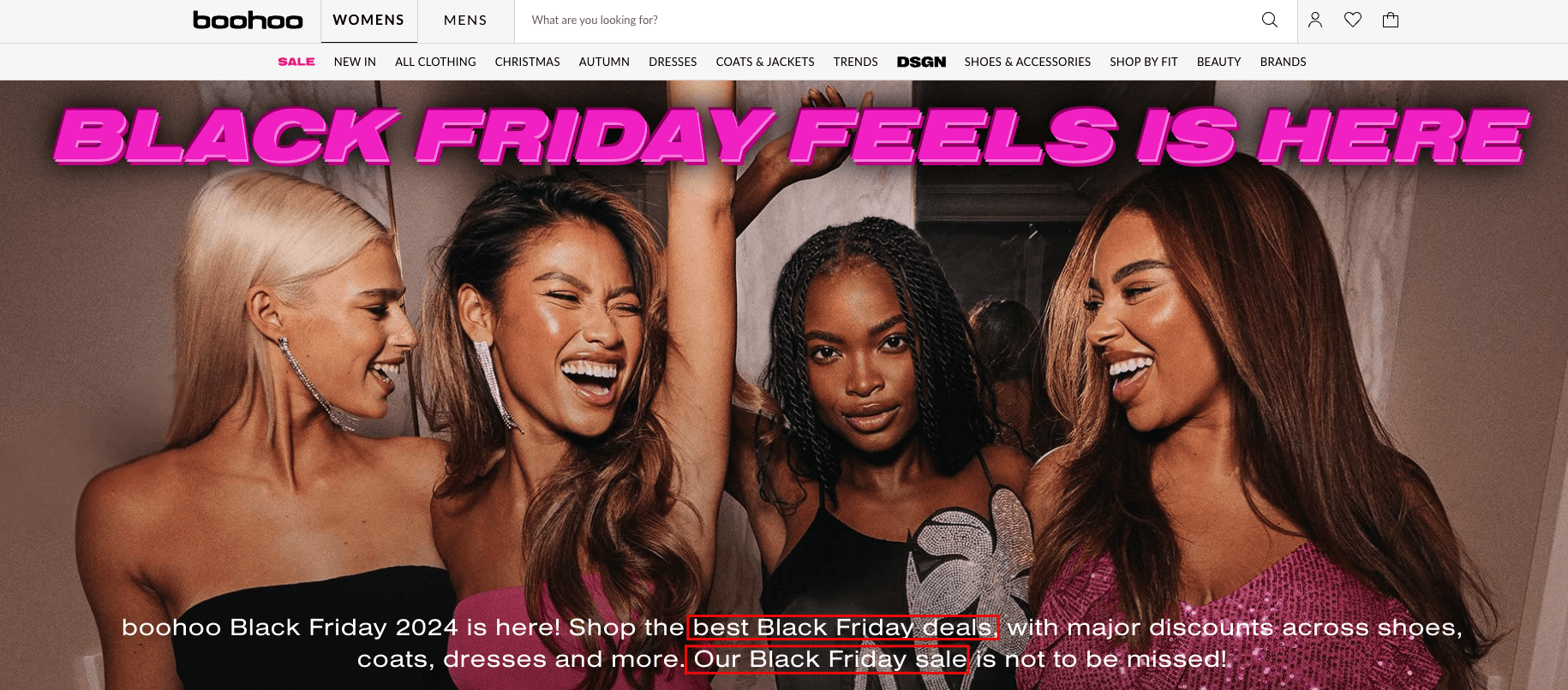 Screen of Boohoo's Black Friday landing page