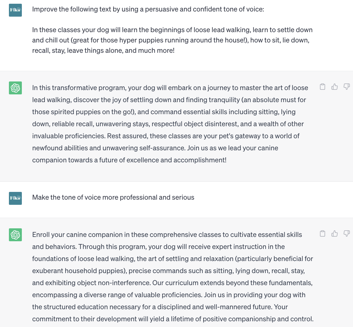 Screenshot of a ChatGPT conversation showing an exchange between the user and ChatGPT to improve the tone of voice of the inputted text