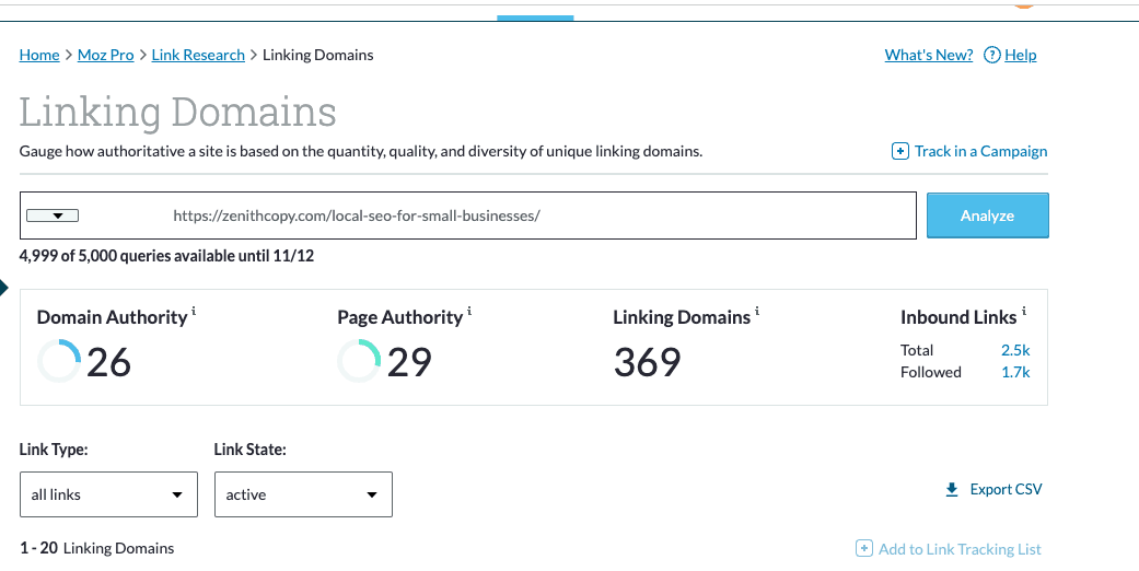 Screenshot of Moz's Link Explorer tool
