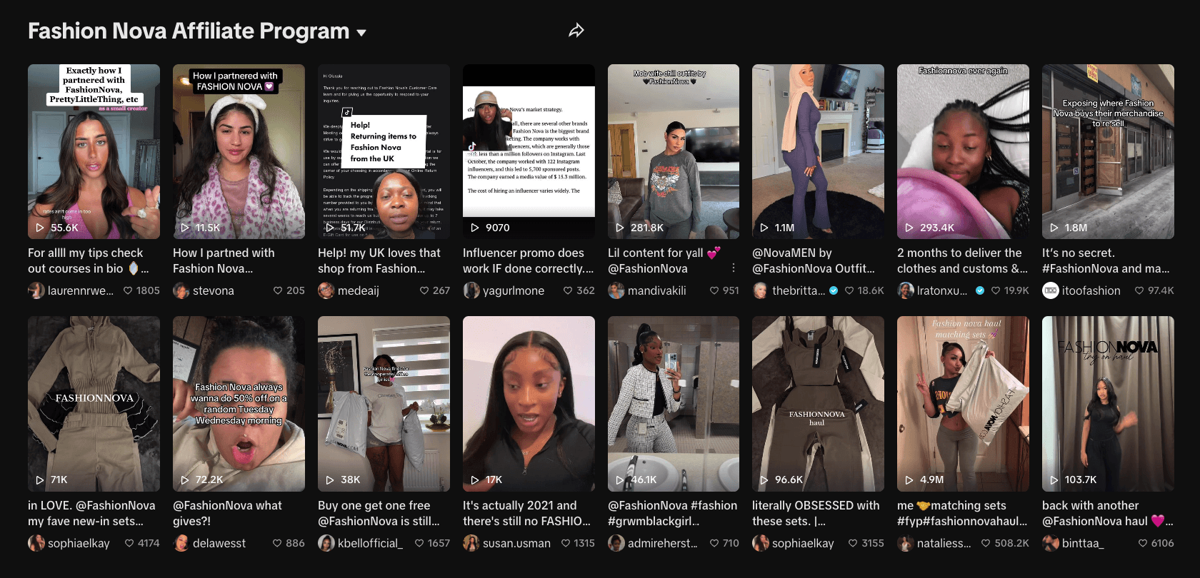 Screenshot showing Fashion Nova affiliate program