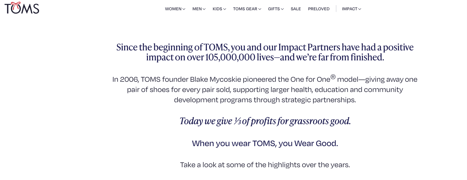 Screenshot showing TOMS social initiative
