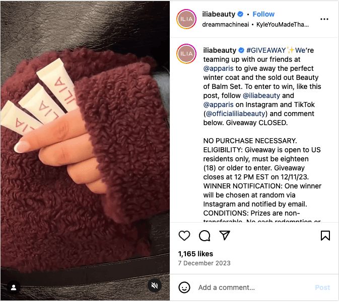 Screenshot showing vertical brand social media giveaway