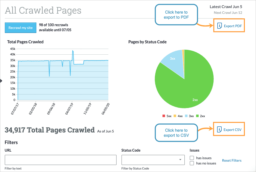 Export your All Crawled Pages to PDF via the link on the top right and to CSV via the link on the on the lower right.