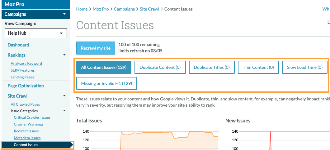 Content Issues menu location in the left hand navigation and options to narrow the results by specific content issues.