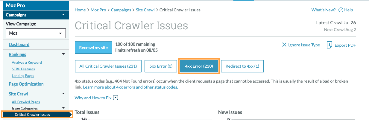 Critical Crawler Issues menu location in the left-hand navigation with 4xx error selected.