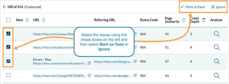 Site Crawl interface with checkboxes on the left checked. Click Mark as Fixed or Ignore from the top right.
