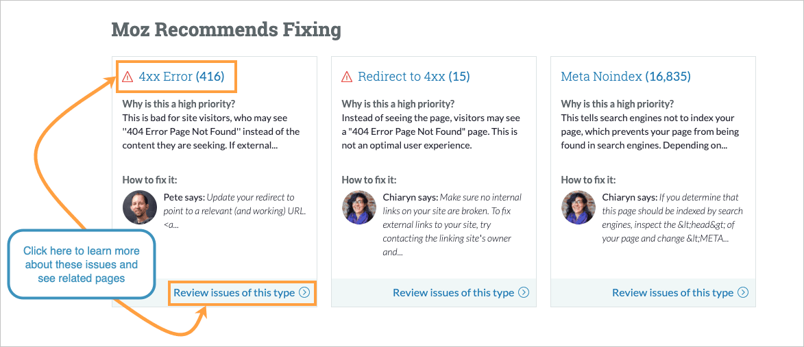 Site Crawl overview page with 3 boxes outlining what Moz Recommends Fixing. Each box describes an issue type and has a photo of a Mozzer advising how to fix the issue type.