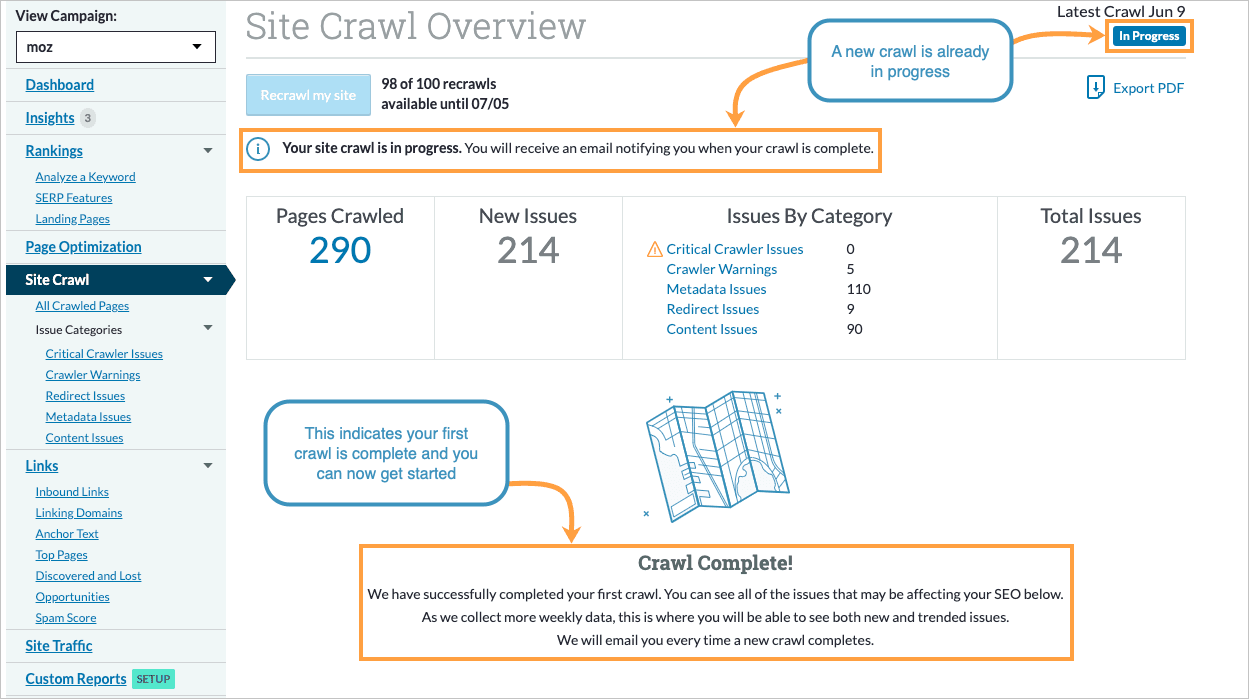 Site crawl overview page displaying a note that the first crawl for this Campaign is complete and a new crawl is already in progress.