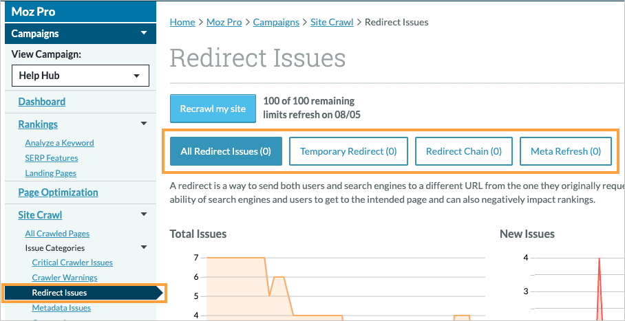 Redirect issues menu location in the left hand navigation with issue types listed on the top of the page.