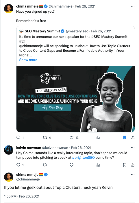 Twitter post from SEO Mastery Summit announcing Chima Mmeje as the next speaker.