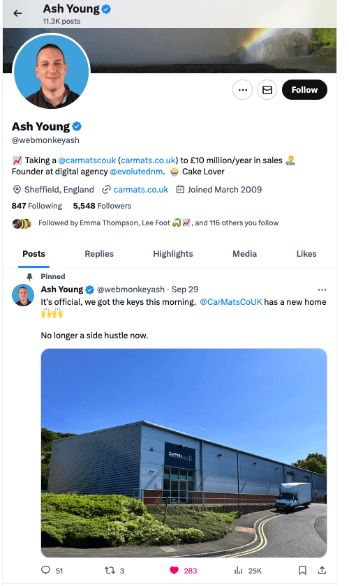 Twitter profile of Ash Young