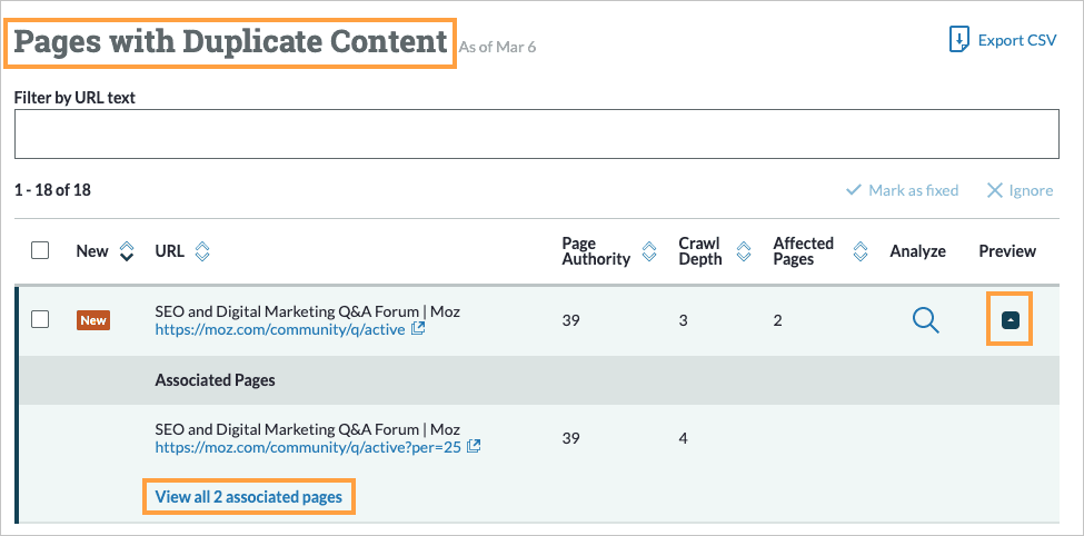 Pages with duplicate content view with preview arrow clicked and drawer expanded to show associated pages.