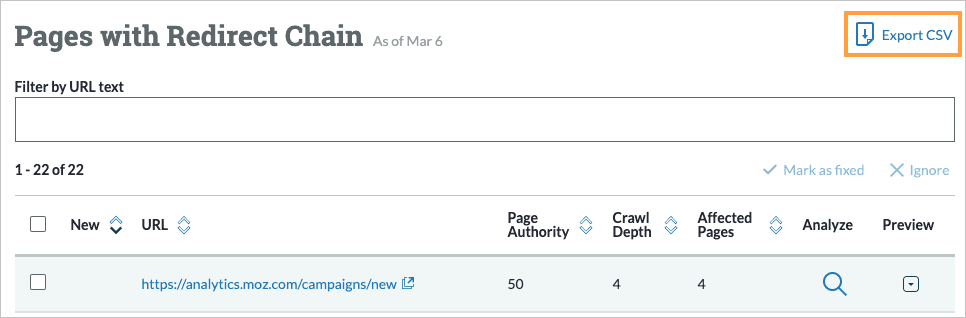 Pages with redirect chain view with export to csv marked on the top right.