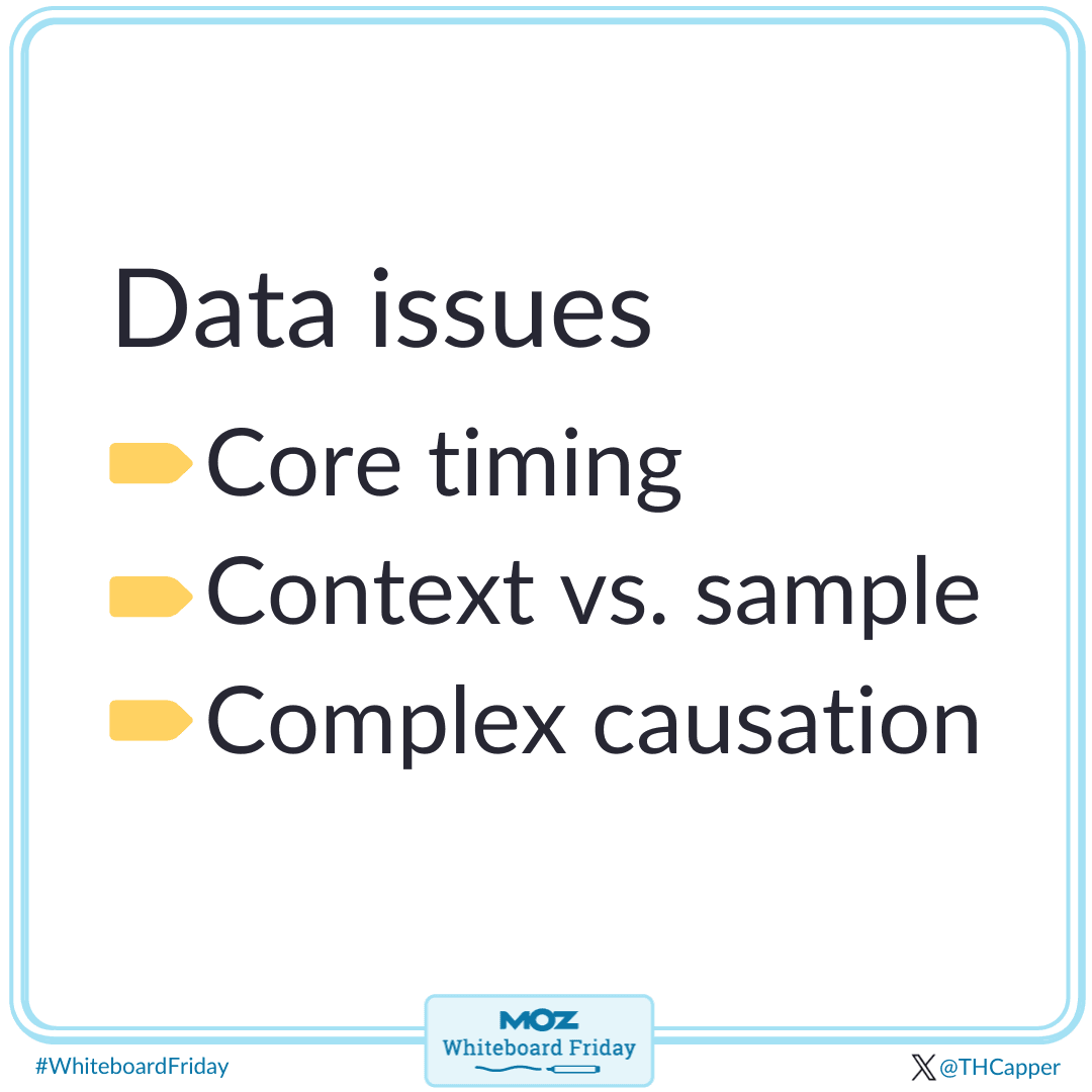 Data issues include core timing, context vs. sample, and complex causation