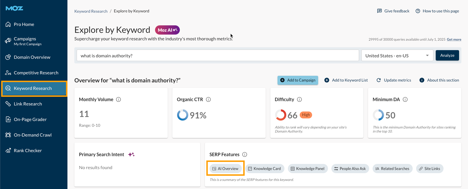 Screenshot of the SERP features box with AI Overviews in Explore by Keyword.
